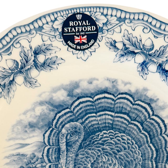 English English Blue & White Transferware Turkey Thanksgiving Dinner Plates - Set of 12 For Sale - Image 3 of 6