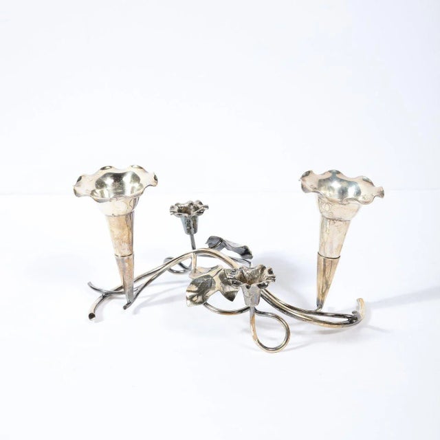 Art Nouveau Pair of Art Nouveau Silver-Plate Morning Glory Motif Candle Holders For Sale - Image 3 of 13