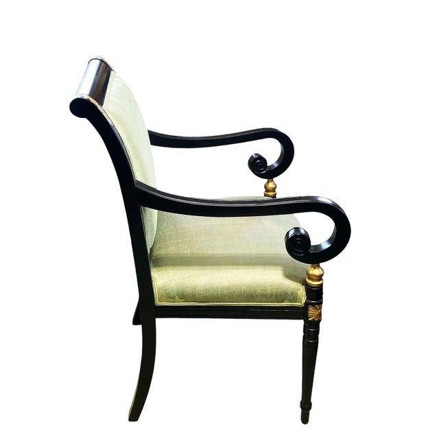 Mid Century French Style Black Lacquer Wood ArmChair W/Thai Silk For Sale In New York - Image 6 of 7