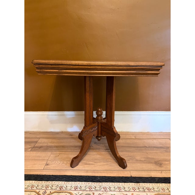 Antique Eastlake Victorian Oak Parlor Side Table With Carved Pedestal Base and Acorn Finial For Sale - Image 10 of 15
