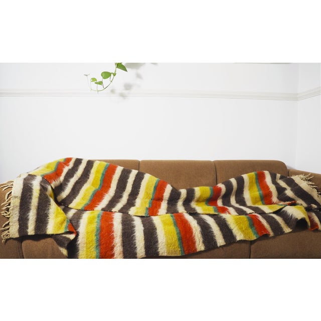 Rustic Vintage Folk Art Portuguese Wool Blanket Cobertor De Papa Striped Textile Rustic Bed Throw, 1950s For Sale - Image 3 of 11