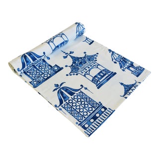 Chinoiserie Blue & White Pagoda Table Runner 110" Long For Sale