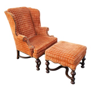 Vintage Orange Velvet Henredon Wingback Chair and Ottoman For Sale