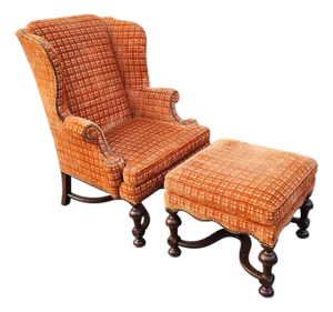 Vintage Orange Velvet Henredon Wingback Chair and Ottoman