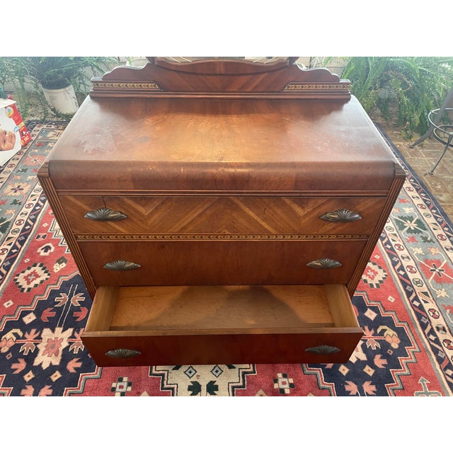 Art Deco Waterfall Vanity - 3 Drawer Dresser - Walnut Inlays - Original Etched Mirror, c.1935 For Sale In Philadelphia - Image 6 of 9