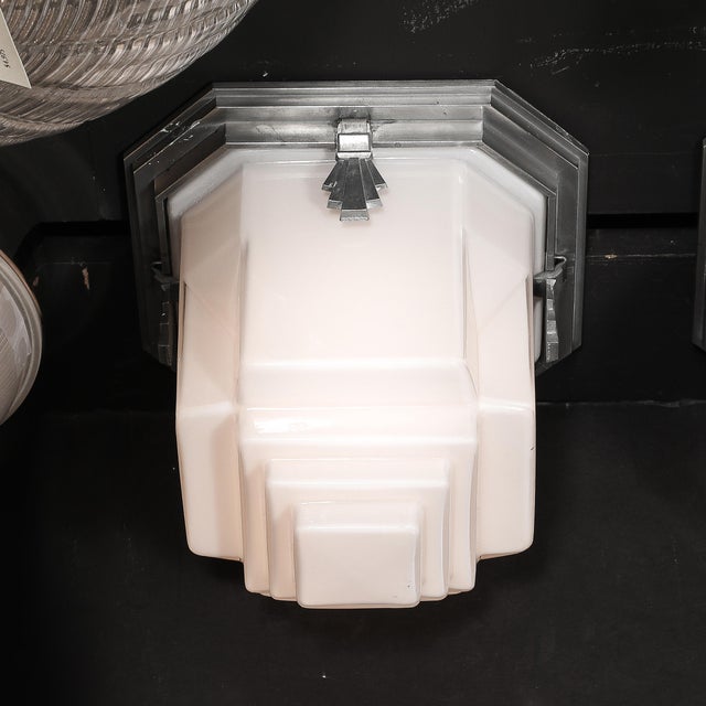 This exceptional pair of Art Deco Skyscraper-style flush mount chandeliers reflects the iconic geometric elegance of the...