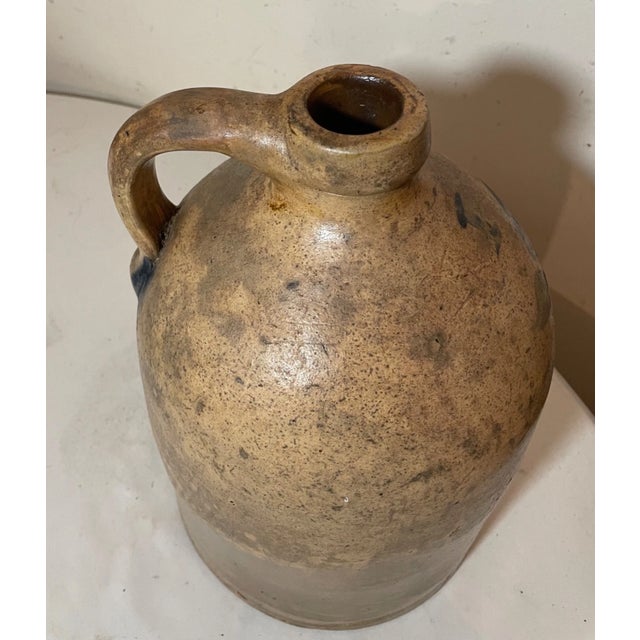 Antique 1800's Handmade Stoneware Salt Glazed Cobalt Pottery Jug Vase W/ Handle For Sale In New York - Image 6 of 10