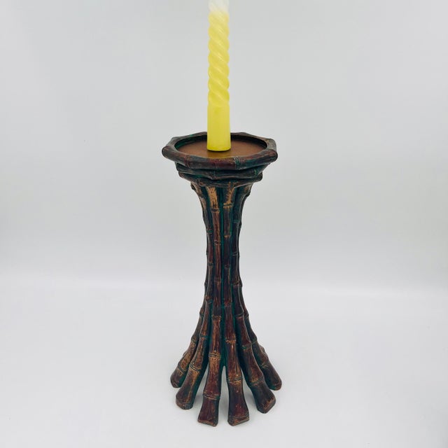 Vintage Faux Bamboo Bronze Metal Pillar Candleholders 12"h - A Pair For Sale - Image 4 of 16