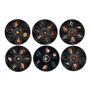 Mid 20th Century Quimper Guy Trévoux Black Oyster Plates - Set of 6 For Sale