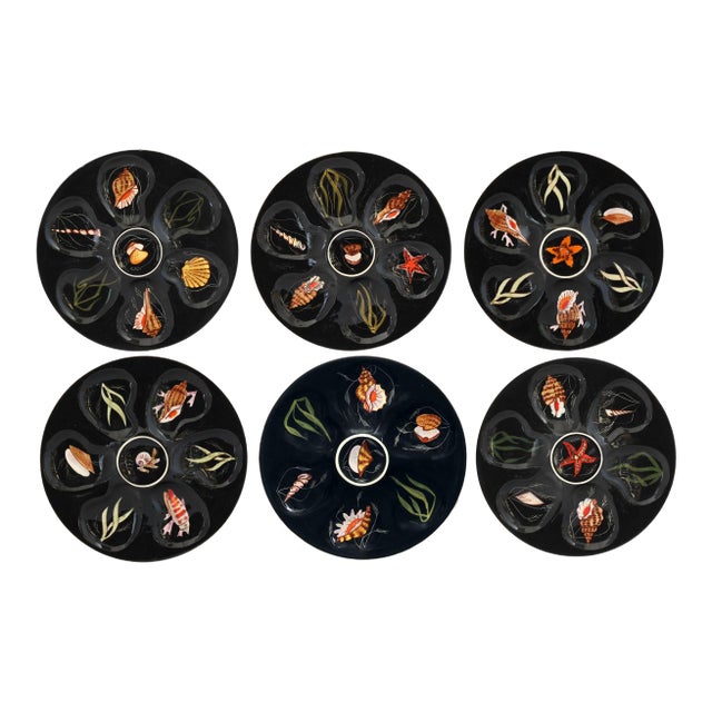 Mid 20th Century Quimper Guy Trévoux Black Oyster Plates - Set of 6 For Sale