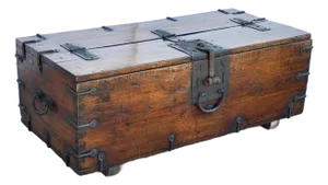 Early 19th Century Korean Dynasty Wrought Iron Mounted Wood Coin Chest (Ton-Kwe)