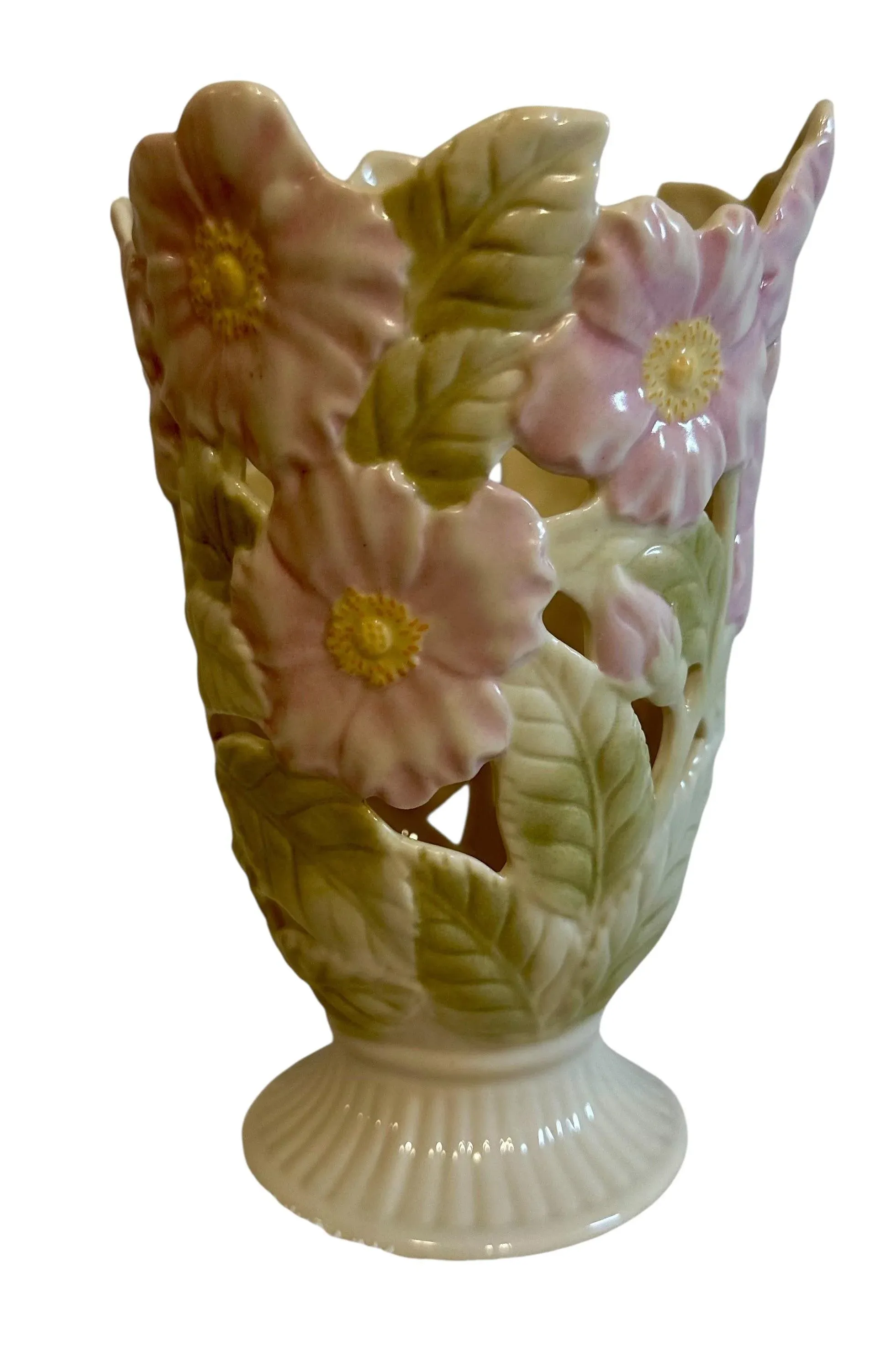 Vintage Lenox Pierced Wild Rose Porcelain Vase With Glass Insert