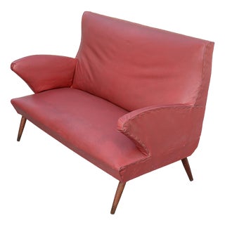 Red Faux Leather Sofa with Flared Wooden Feet, 1950s For Sale