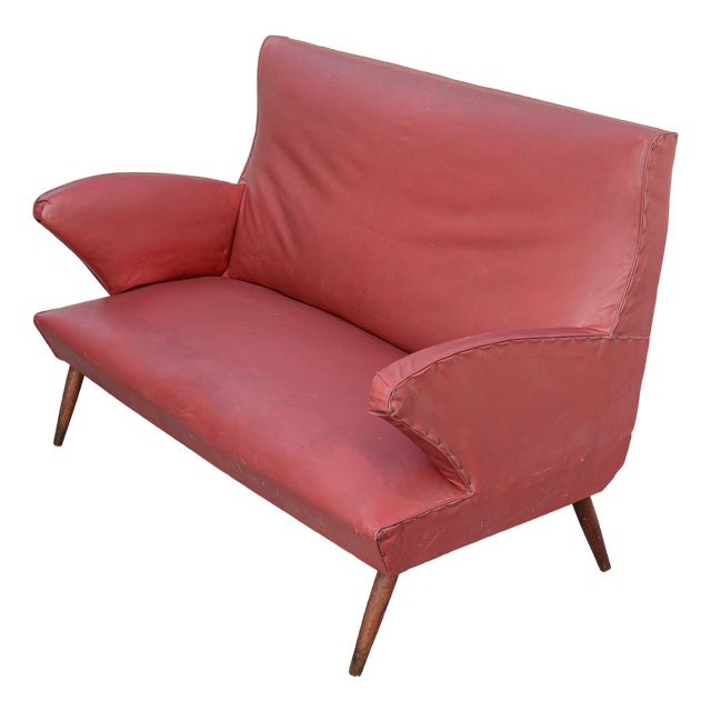 Red Faux Leather Sofa with Flared Wooden Feet, 1950s For Sale
