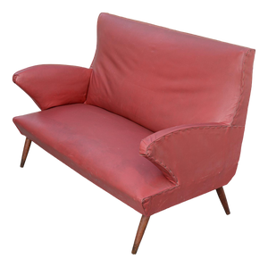 Red Faux Leather Sofa with Flared Wooden Feet, 1950s