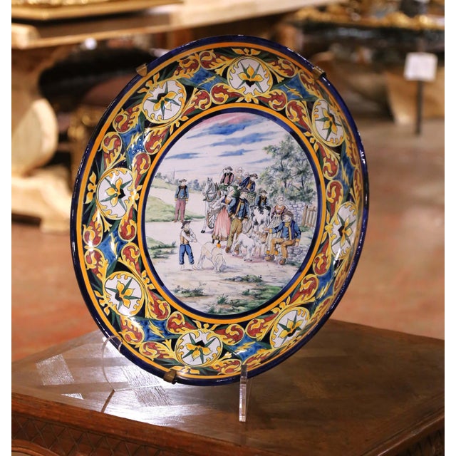 19th Century French Hb Quimper Faience Decorative Wall Platter or Serving Tray For Sale - Image 4 of 11