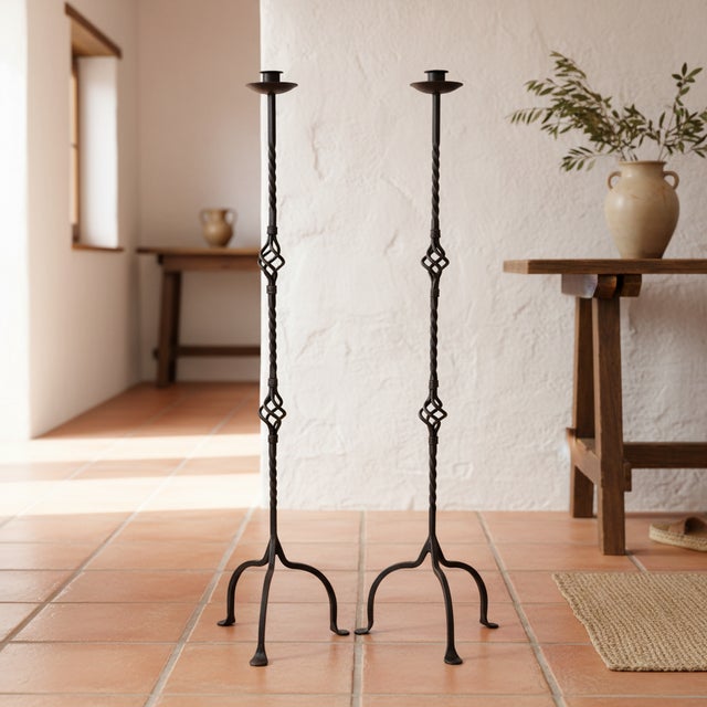 Rustic Hand Forged Iron Candelabra Pair (115cm) Antique Copper Expanded Open-Twist Stem For Sale - Image 3 of 7