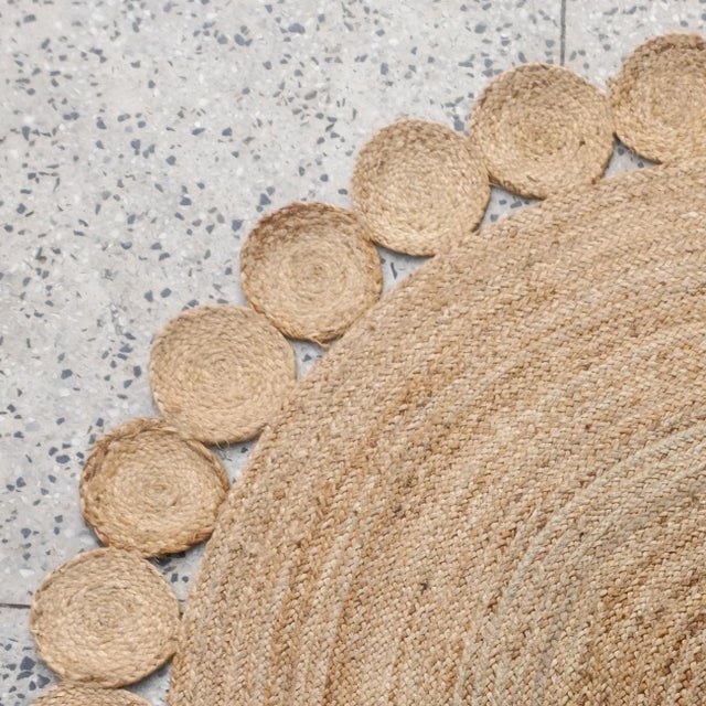 Contemporary Handwoven Natural Jute Round Braided Area Rug With Scalloped Medallion Border For Sale - Image 3 of 12