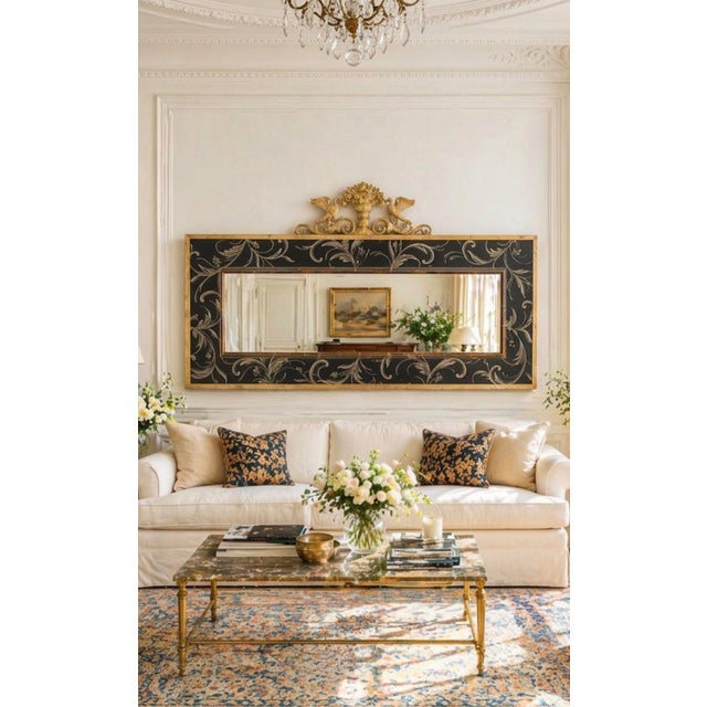 A very substantial size late 20th-century mirror featuring a hand-painted black panel with scrolling floral motifs, framed...