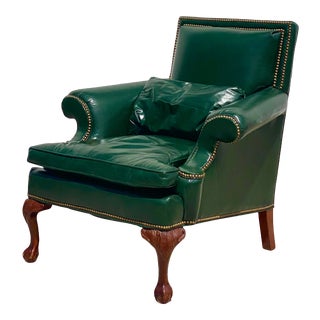 Vintage Regency Hickory Green Leather Arm Chair For Sale