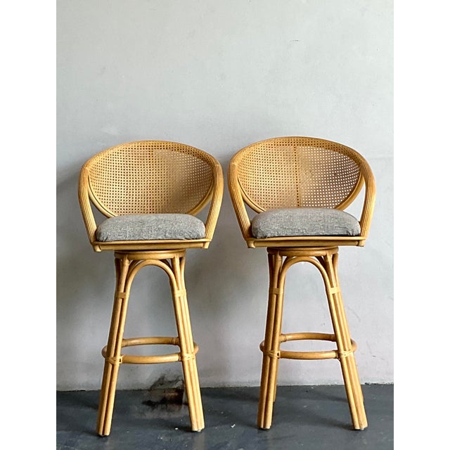 Late 20th Century Vintage Boho Cane Bar Stools - A Pair For Sale - Image 5 of 5
