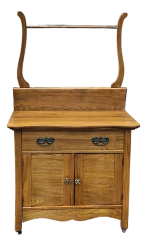 Mid 20th Century Victorian Style Oak Rolling Washstand Cabinet With Towel Rack