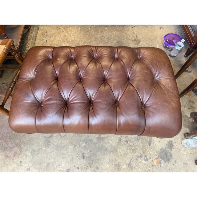 Wood Vintage Chesterfield Syle Tufted Leather Ottoman Footstool For Sale - Image 7 of 16