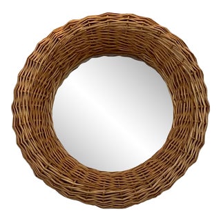 1990s Vintage Round Rattan Mirror For Sale