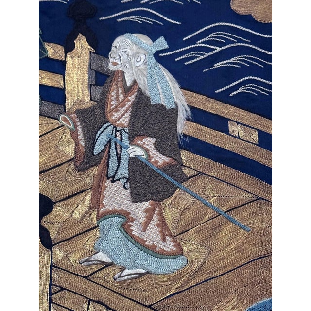 Framed Antique Japanese Embroidery Fukusa Panel Takasago Legend For Sale - Image 4 of 12