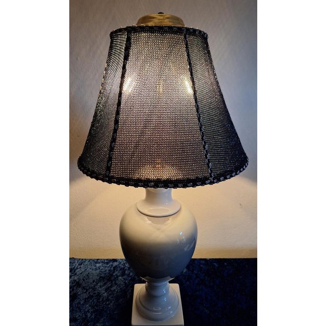 Metal Vintage Ceramic Table Lamp with Handmade Fabric Shade, 1980s For Sale - Image 7 of 10