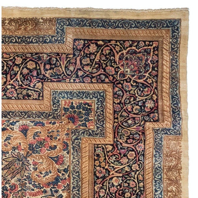 Traditional 1920s Persian Square Rose Ivory Navy Blue Floral Kirman Rug For Sale - Image 3 of 5