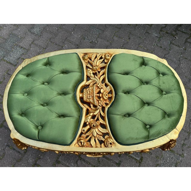 A decorative 1980 Italian Baroque-style bench, beautifully crafted from beechwood and recently refinished in an antique...