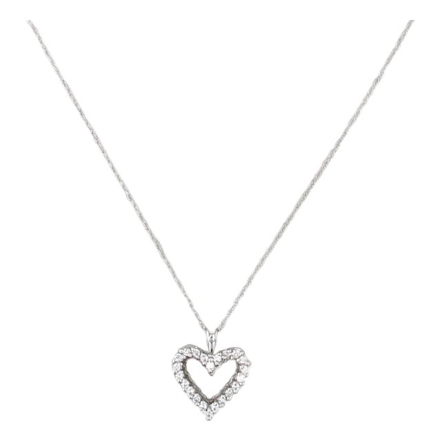 0.37ctw Diamond Open Heart Pendant Necklace 14k White Gold 18" Rope Chain For Sale