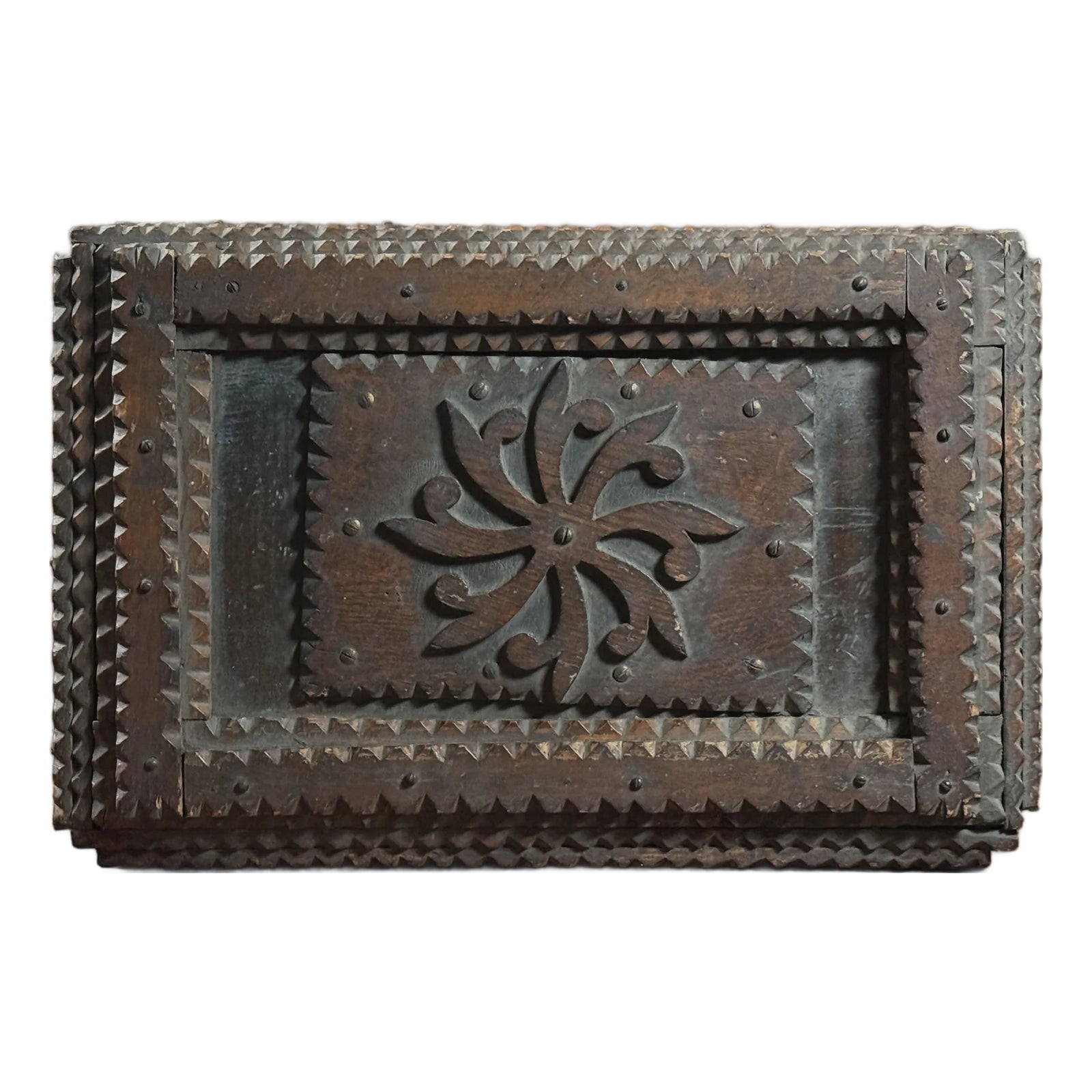 Monumental Antique Tramp Art Chip-Carved Chest With Medallion/Folk Art ...