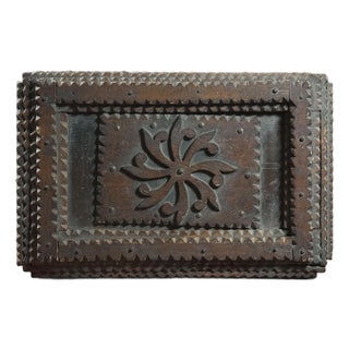 Monumental Antique Tramp Art Chip-Carved Chest With Medallion/Folk Art For Sale