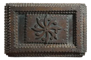 Monumental Antique Tramp Art Chip-Carved Chest With Medallion/Folk Art