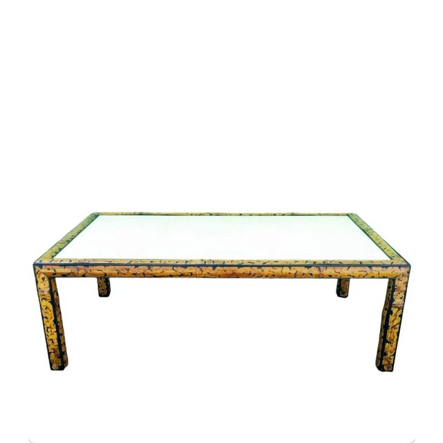 Black Maitland Smith Bamboo Faux Tortoiseshell Faux Goat Skin Center Large Regency Style Coffee Table For Sale - Image 8 of 10