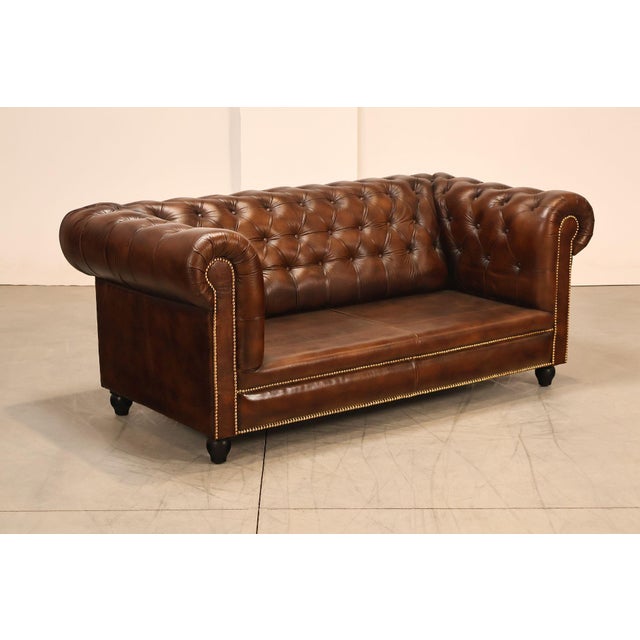 Traditional Chesterfield Style 6 Foot Cognac Brown Tufted Leather Sofa For Sale - Image 3 of 16