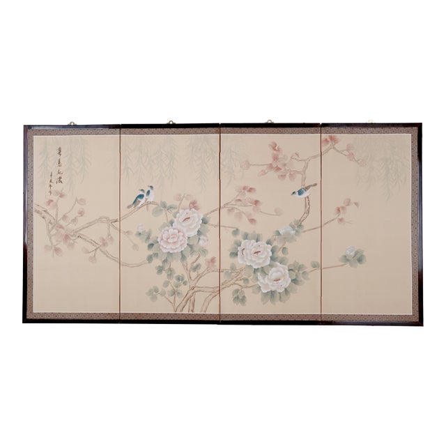1960s Japanese Byobu "Blue Birds White Flowers" 4-Panel Folding Screen Very Good + For Sale