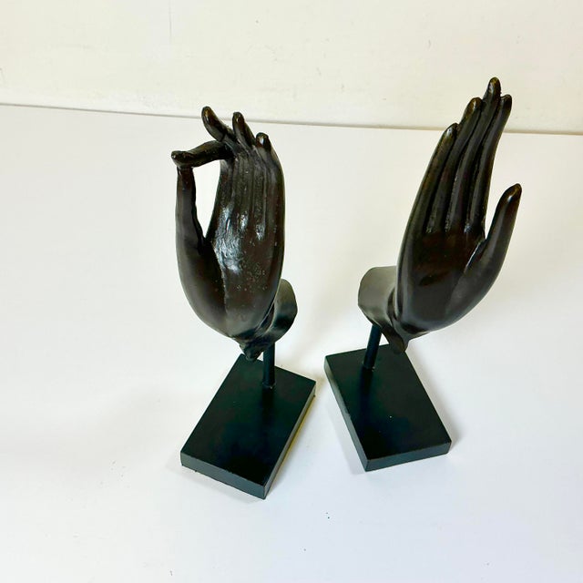 Mid-Century Asian Boho Chic Cast Metal Buddha Hands Sculpture - Set of 2 For Sale - Image 4 of 13