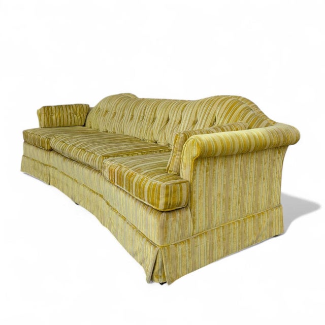 Vintage 96” Tufted Striped Sofa – Mid-Century Curved Back Couch, Cleaned + New Foam Included, Unique Hollywood Regenc... For Sale In Los Angeles - Image 6 of 18