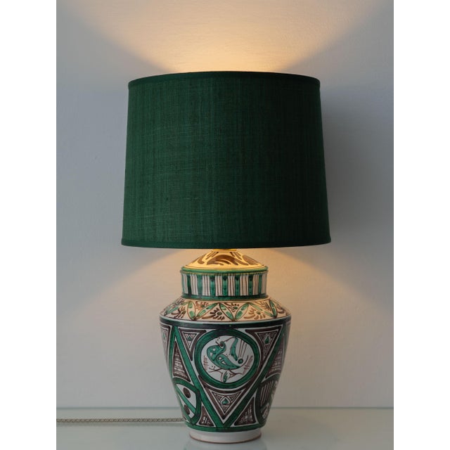 Mid-Century Modern Mid-20th Century Spanish Revival Green Ceramic Table Lamp with Silk Shade, 1970s For Sale - Image 3 of 18