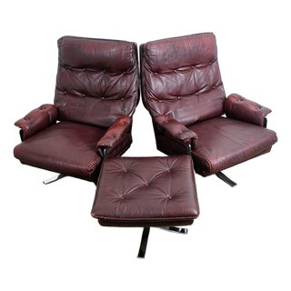 1960s Mid Century Danish Modern Lounge Chairs Burgundy Chrome Pair Set Attributed to Arne Norell For Sale