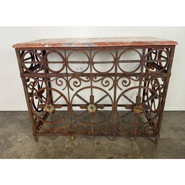 Pair of Italian Wrought Iron Consoles With Rosso Verona Marble Tops For Sale - Image 10 of 18