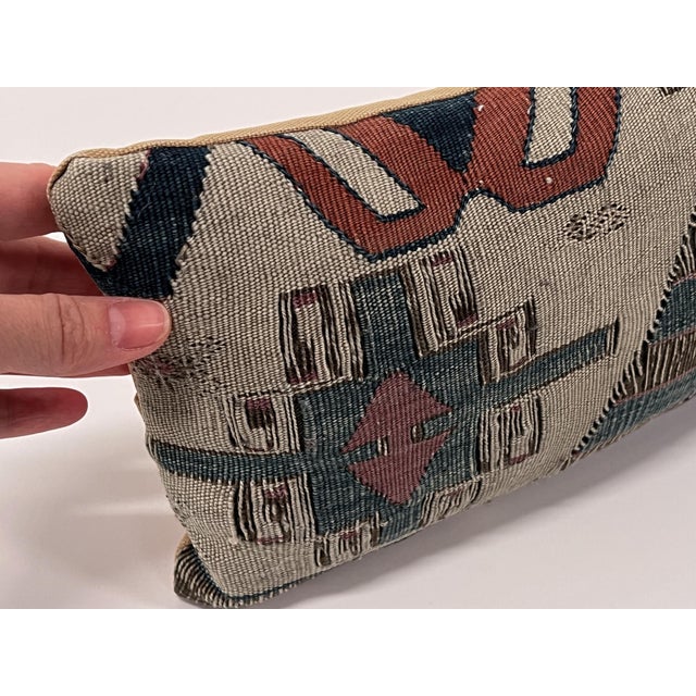 Ivory #1 Vintage Turkish Kilim Accent Pillow | Handwoven Wool Decorative Cushion | 7 in X 12 In For Sale - Image 8 of 9