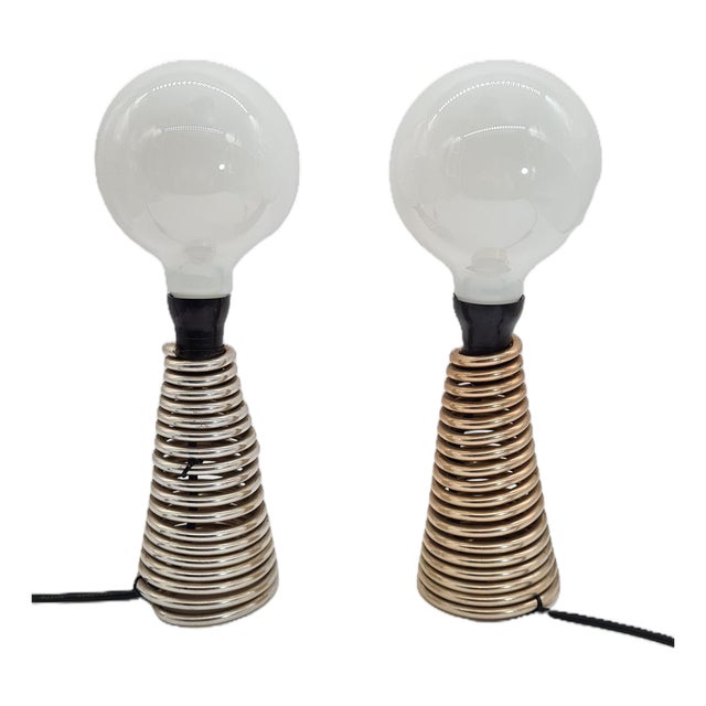 Vintage Table Lamps Aluminium Springs & Large Bulbs, Czechoslovakia, 1970s, Set of 2 For Sale