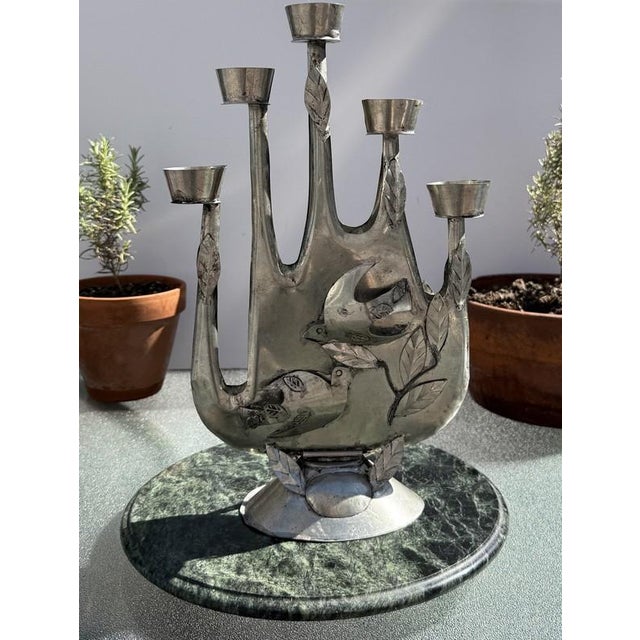 1960s Gene Byron Attrib MCM Brutalist Folk Art Mexican Tin Modernist Candelabra Sculpture, Birds For Sale - Image 5 of 10