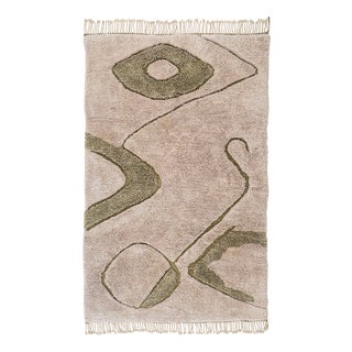 Hand-Knotted Wool Area Rug in Taupe and Olive Green by Holomua For Sale