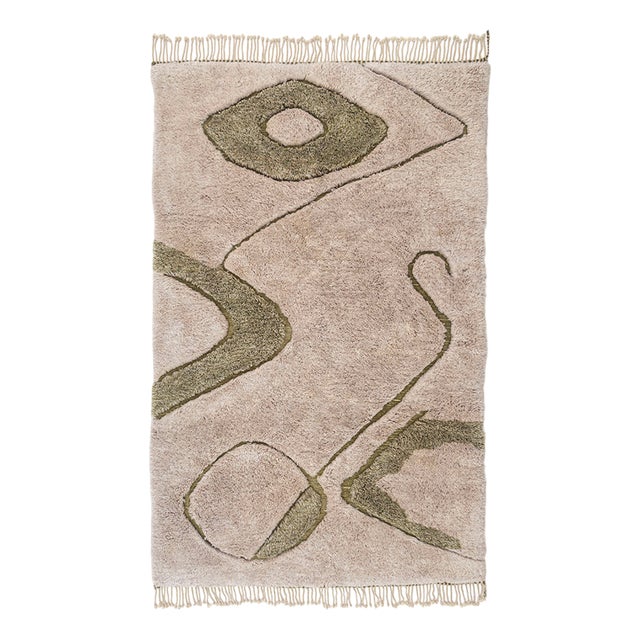 Hand-Knotted Wool Area Rug in Taupe and Olive Green by Holomua For Sale