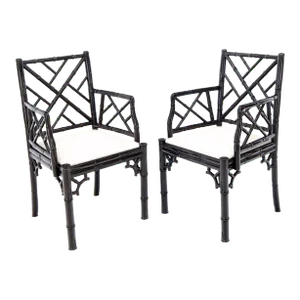 Pair of Ebonized Faux Bamboo Armchairs with New Linen Fabric Upholstery